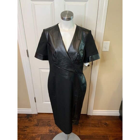 Karen Millen Black Structured Crepe & Faux Leather Contrast , Size 12, NWT! $342 - Picture 1 of 6